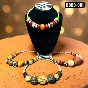 Handmade Kenya Choker Necklace Artisan Beaded Carved Bovine Bone Brass Hook NWOT